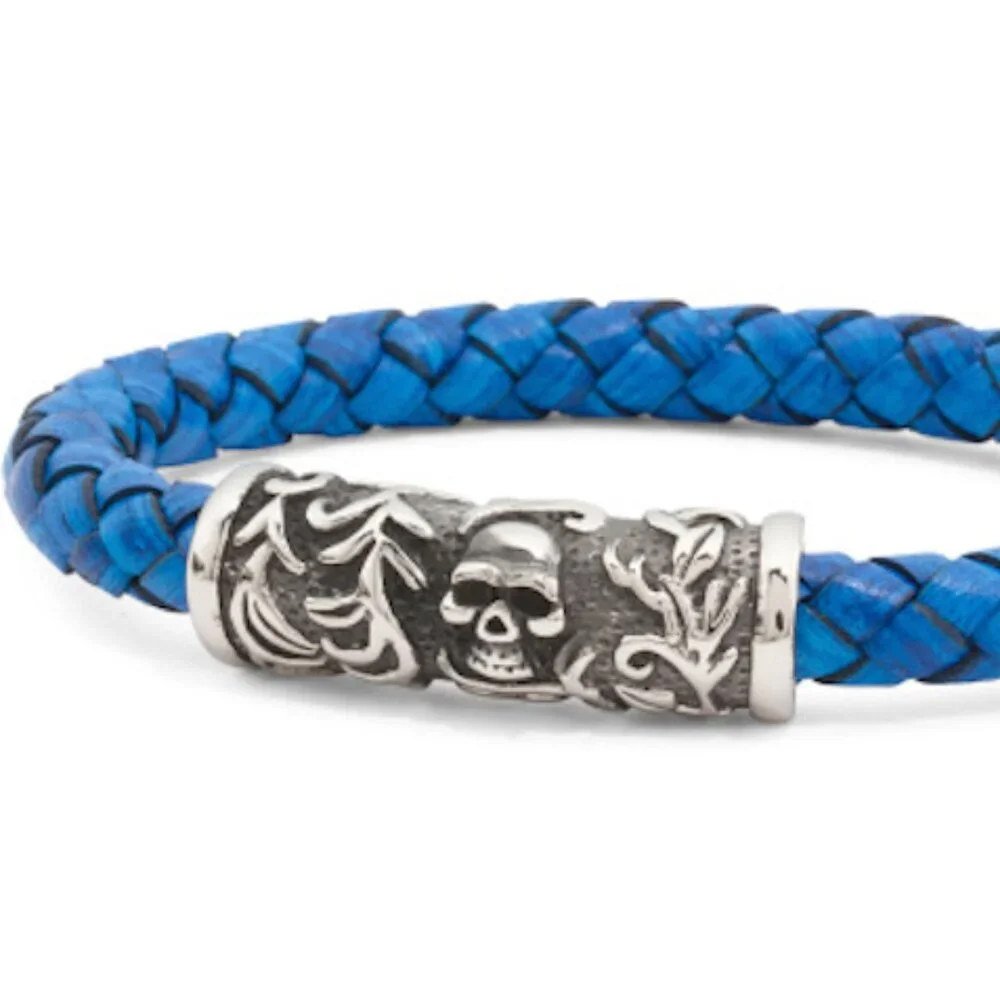 Blackjack Skull Blue Leather & Stainless Steel Bracelet